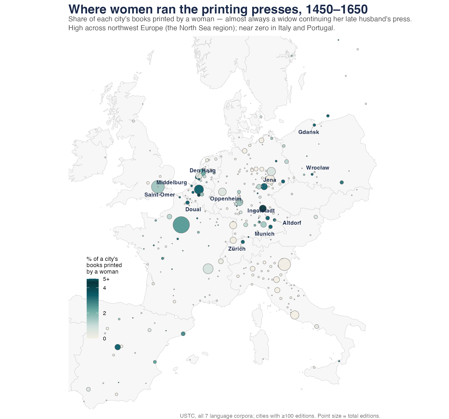 Map of women printers in Europe