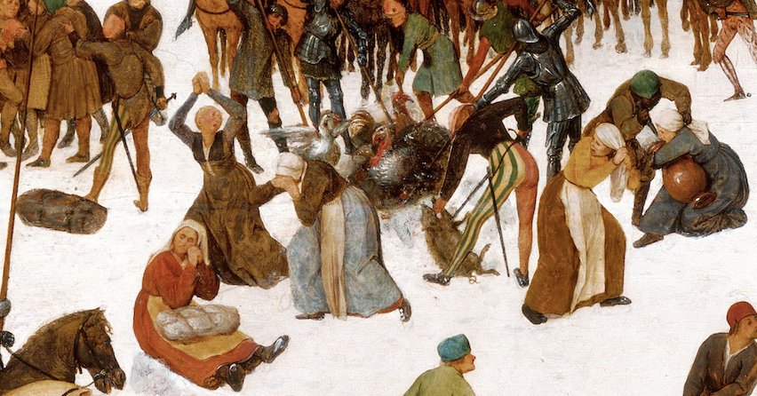 Detail from the altered painting: villagers clutch packages.
