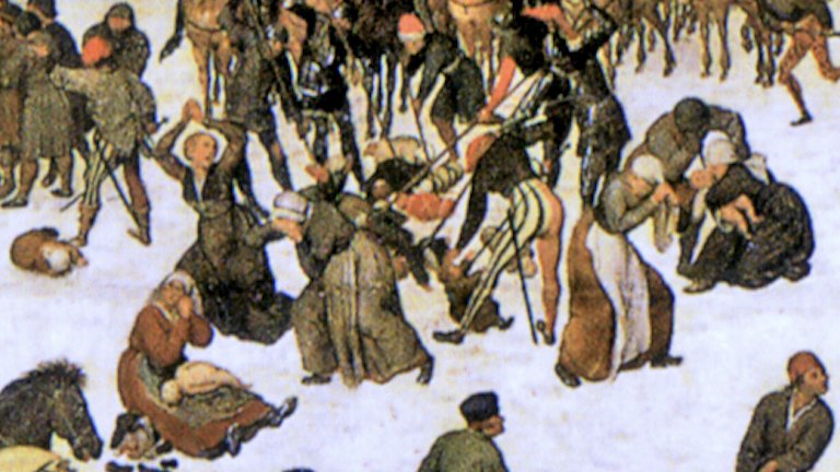 Detail from the unaltered painting: the packages are revealed to be babies.
