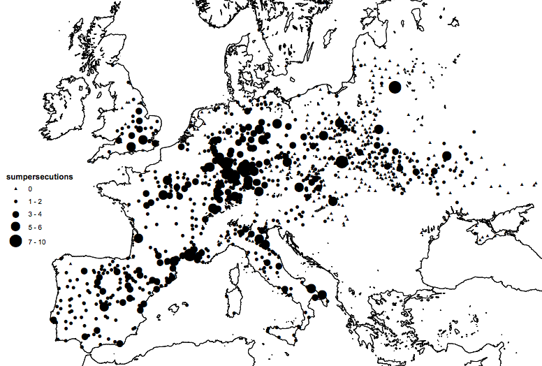Map of European towns that attacked or expelled their Jewish communities between 1100 and 1800.