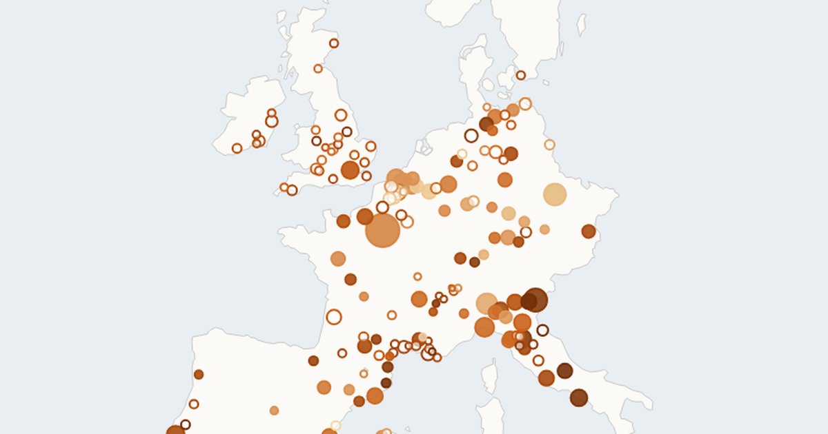 Map of European cities colored by Black Death mortality