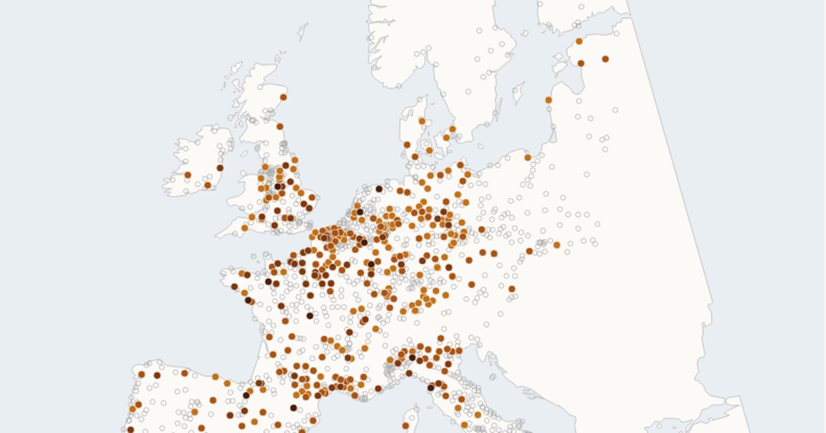 Map of European cities shaded by when their guilds were first documented