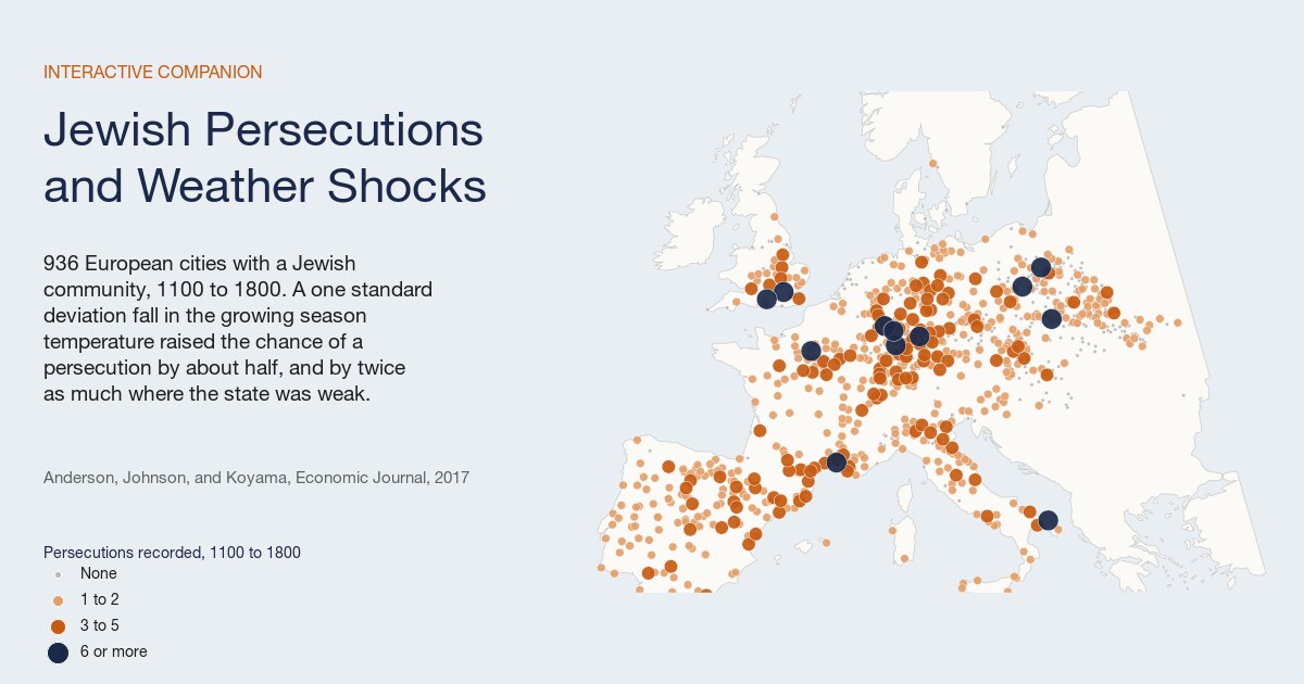 Map of European cities with Jewish communities sized by persecutions recorded between 1100 and 1800