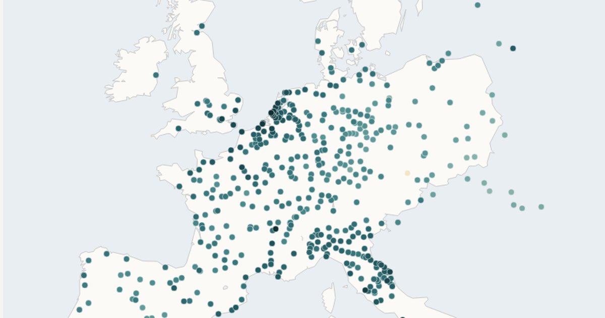 Map of European printing cities colored by market access in 1600