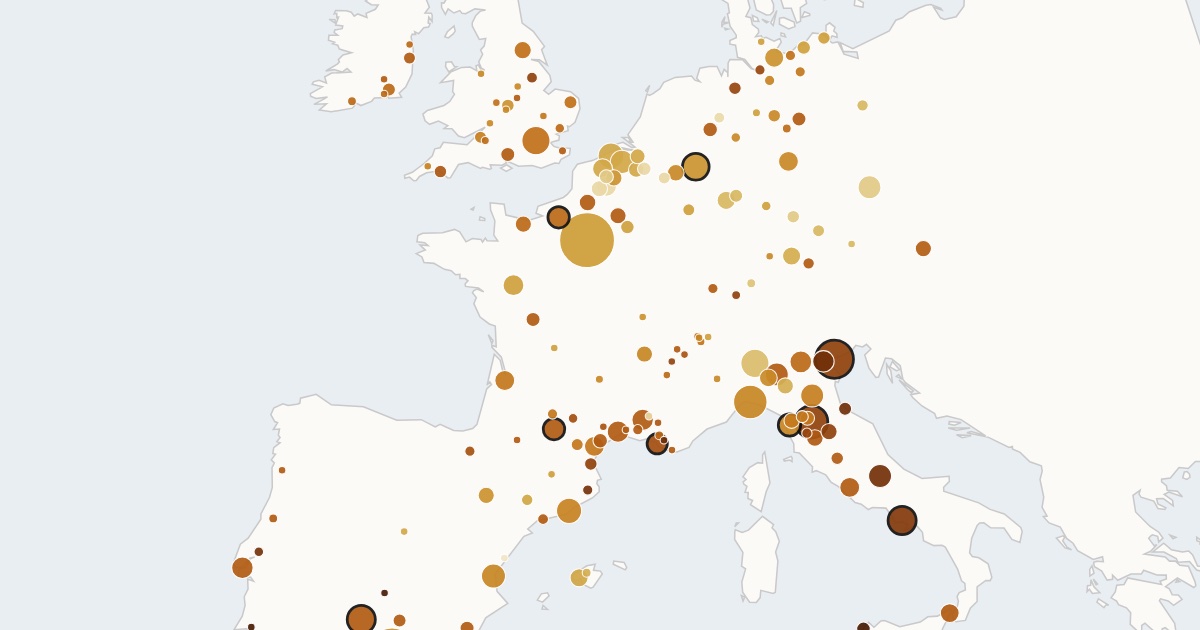 Map of European cities colored by Black Death mortality