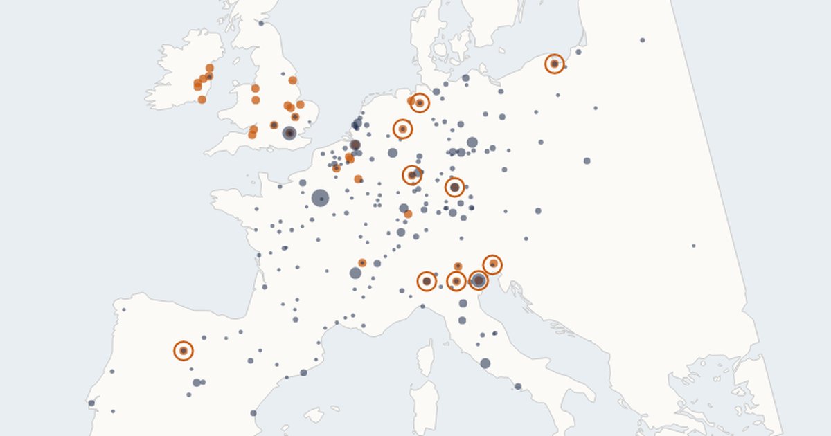 Map of European plague outbreaks in 1575 and the cities of the print panel