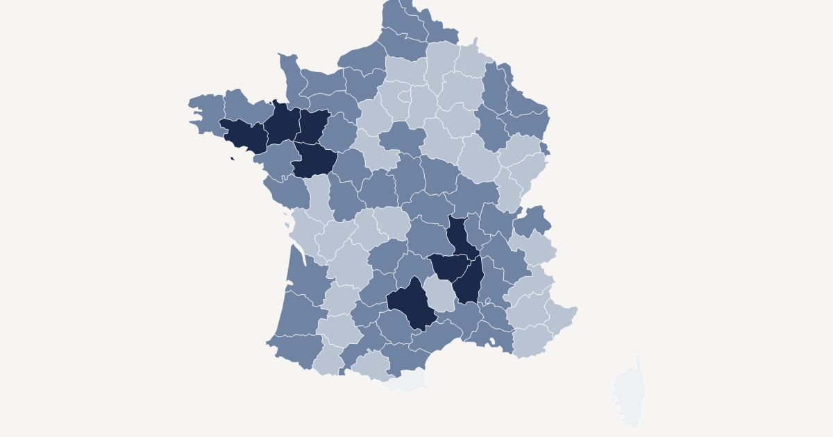 Map of French départements shaded by the share of girls in Catholic schools in 1878
